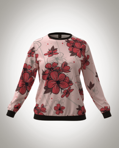 Свитшот  женский "Цветы на розовом" классический 3D, с круглым воротом