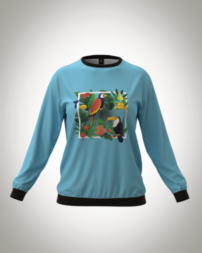 Свитшот  женский "Какаду и фрукты" классический 3D, с круглым воротом